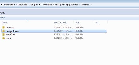 5.6 Now paste this folder into the Themes folder of the Nop Quick Tabs plugin folder. One the server the path shoud be Plugins\SevenSpikes.Nop.Plugins.NopQuickTabs\Themes and on your local machine the path should be like the one below